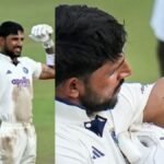 ध्रुव जुरेल श्रीलंका के खिलाफ शतक के बाद जय जवान जय किसान टैटू दिखाते हुए