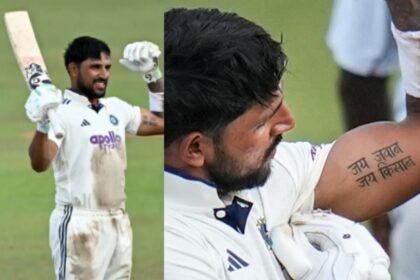 ध्रुव जुरेल श्रीलंका के खिलाफ शतक के बाद जय जवान जय किसान टैटू दिखाते हुए