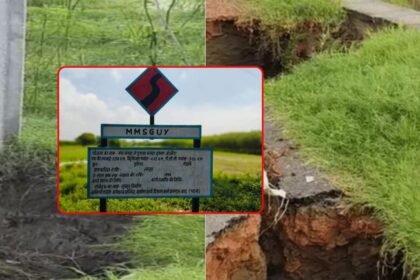 पटना-बेगूसराय बॉर्डर पर बाढ़ के पानी में क्षतिग्रस्त सड़क और खतरे में बिजली पोल