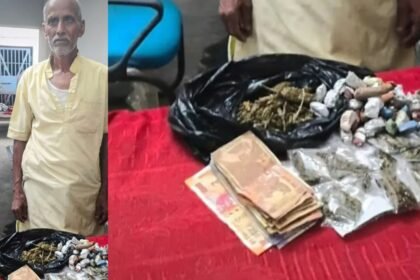 भोजपुर के इसाढ़ी गांव में पान गुमटी से 122 ग्राम गांजा बरामद करती पुलिस