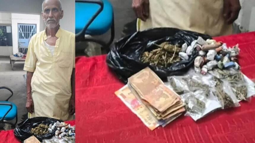 भोजपुर के इसाढ़ी गांव में पान गुमटी से 122 ग्राम गांजा बरामद करती पुलिस