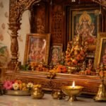 घर के मंदिर में पूजा करते हुए और धार्मिक सामग्री का दृश्य