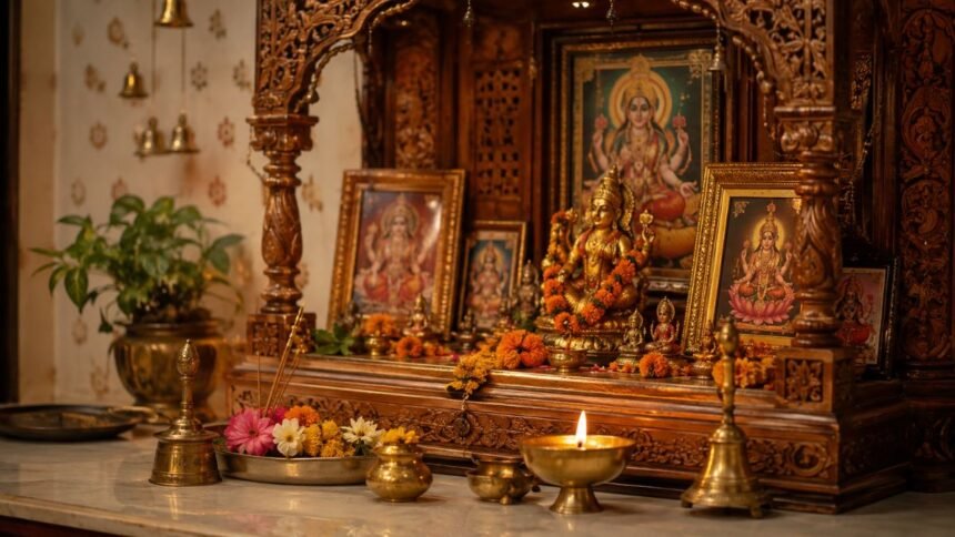 घर के मंदिर में पूजा करते हुए और धार्मिक सामग्री का दृश्य