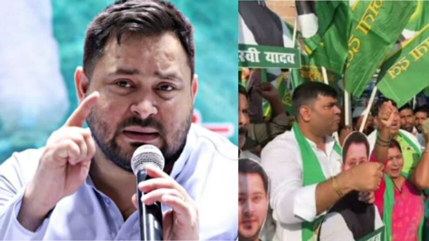 पटना में राजद के राजभवन मार्च के दौरान तेजस्वी यादव और पुलिस