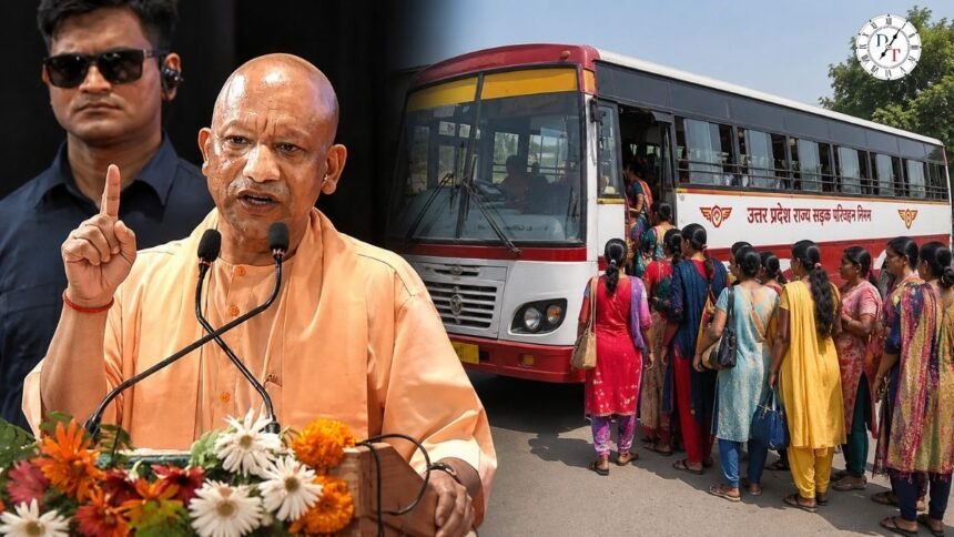 रक्षाबंधन पर उत्तर प्रदेश में मुफ्त बस यात्रा करती महिलाएं और यात्री