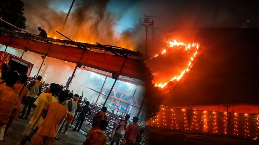 सिंहेश्वरनाथ मंदिर परिसर में पंडाल में लगी आग