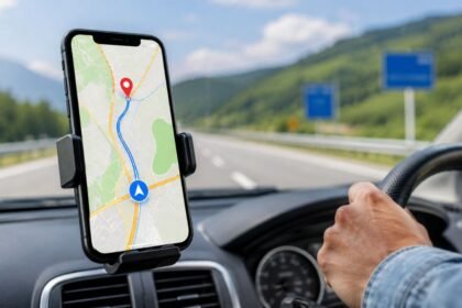 स्मार्टफोन पर Google Maps देखते हुए यात्रा करता व्यक्ति