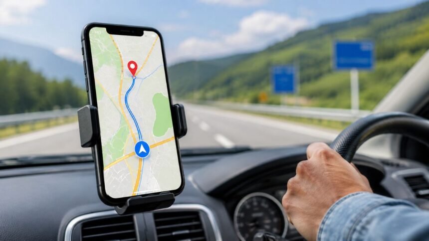 स्मार्टफोन पर Google Maps देखते हुए यात्रा करता व्यक्ति