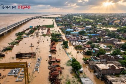 बिहार में बाढ़ से जलमग्न इलाका और नदी के किनारे बसा शहर