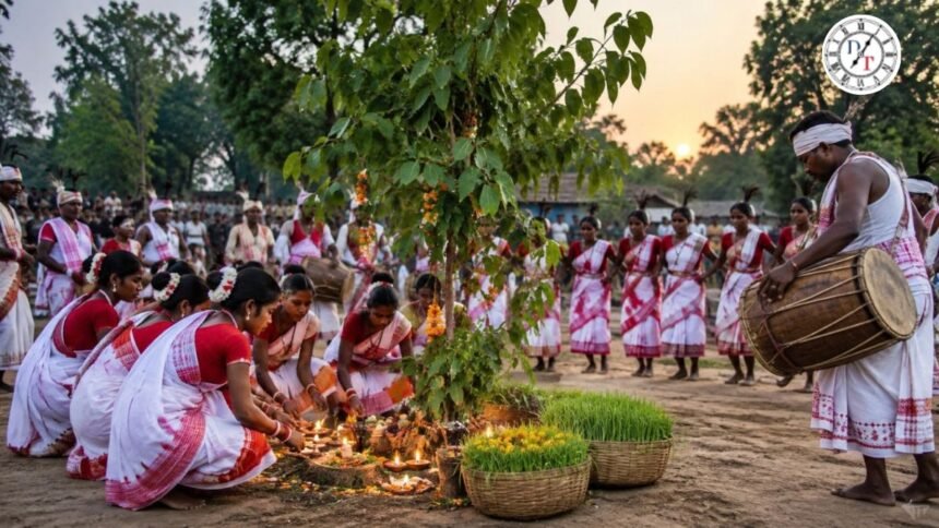 करमा पूजा में करम वृक्ष की डाल और पारंपरिक लोक नृत्य