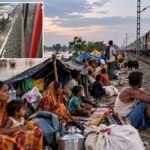 मुंगेर के बरियारपुर में बाढ़ के कारण रेल पटरी किनारे शरण लिए परिवार