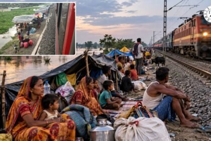 मुंगेर के बरियारपुर में बाढ़ के कारण रेल पटरी किनारे शरण लिए परिवार