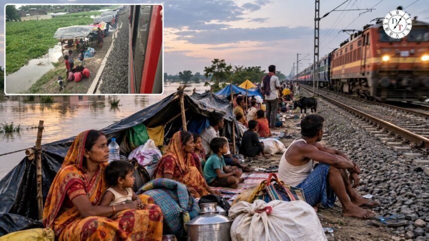मुंगेर के बरियारपुर में बाढ़ के कारण रेल पटरी किनारे शरण लिए परिवार