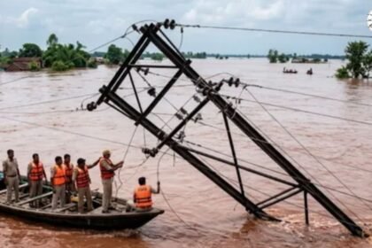 सबौर में बाढ़ के पानी में बहा बिजली का पोल