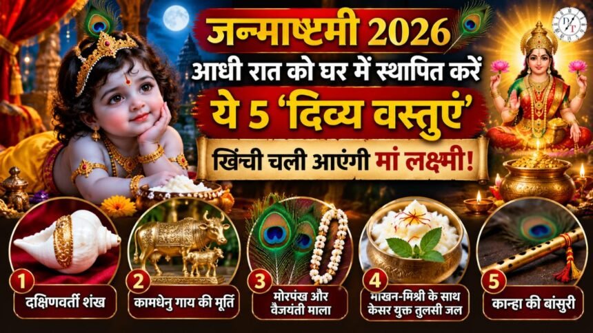 जन्माष्टमी 2026 पर दक्षिणवर्ती शंख, कामधेनु, मोरपंख, वैजयंती माला और बांसुरी से जुड़े उपाय और मान्यताओं के बारे में जानें।