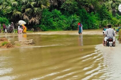 धोरैया के कुरमा गांव में मिर्चनी नदी के पानी में आवागमन करते ग्रामीण