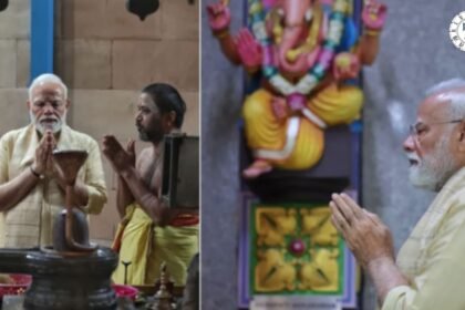 पीएम नरेंद्र मोदी 25 साल पूरे होने पर दिल्ली के विनायक मंदिर में पूजा करते हुए